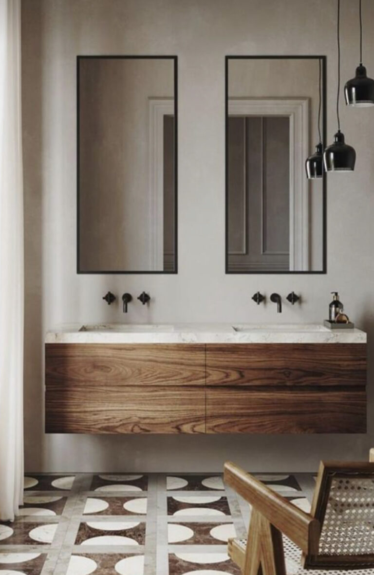 łazienka-modern-elementy-artdeco-wiszące-szafki-lustra-w-czarnej-ramce